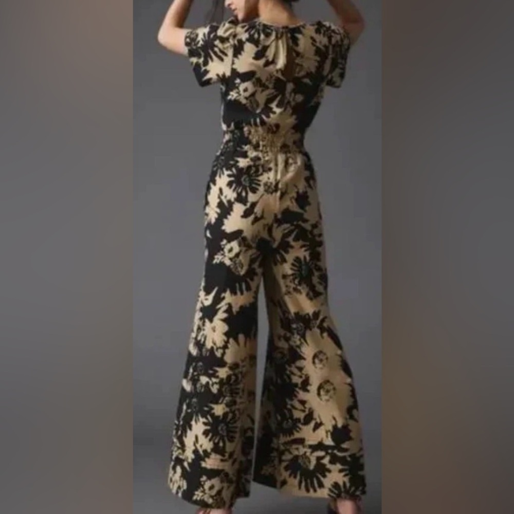 ANTHROPOLOGIE Somerset Black/Tan Floral Wide Leg Jumpsuit Size XS (Like a S/M) - Picture 3 of 16